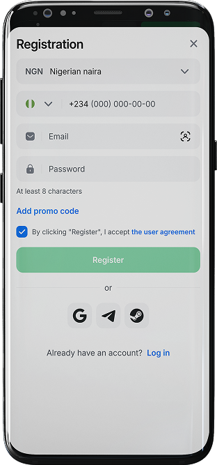 Screenshot of the registration process in the 1win app